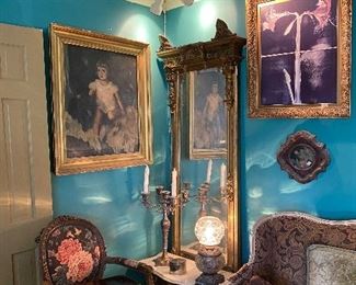 Gold leaf pier mirror and marble top base