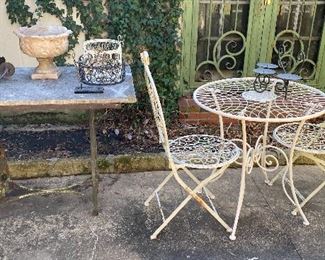 Iron ice cream table & chairs, marble top sewing machine base