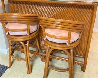 Paul Frankl Style Bamboo and Rattan Bar with Swivel Stools