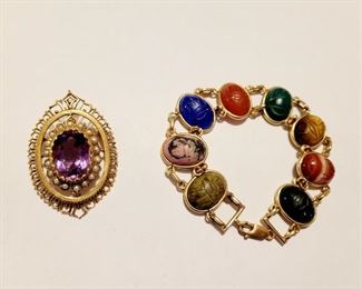 Antique 14k Amethyst Seed Pearl Brooch, 14k Large Scarab Bracelet