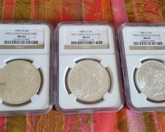NCG graded coins- 1883 O Morgan Silver Dollar MS62 Mcclaren Collection, 1884 O Morgan Silver Dollar MS62 Mcclaren collection, 1885 O Morgan Silver Dollar MS62 Mcclaren Collection