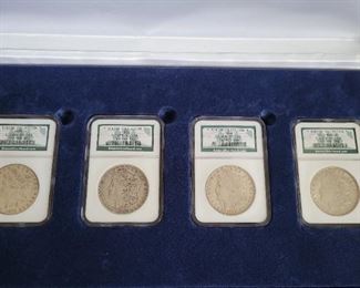 The Binion Collection U.S. Morgan Silver Dollars 1879 O, 1882, 1898, 1921 in case