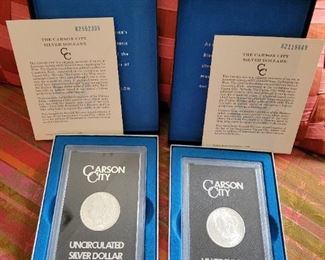 United States Carson City Uncirculated Morgan Silver Dollars with certs- 1882, 1882, 1883, 1884