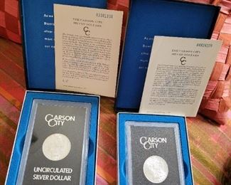 United States Carson City Uncirculated Morgan Silver Dollars with certs- 1882, 1882, 1883, 1884, 