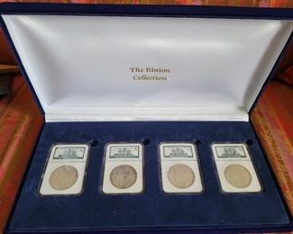 The Binion Collection U.S. Morgan Silver Dollars 1879 O, 1882, 1898, 1921 in case