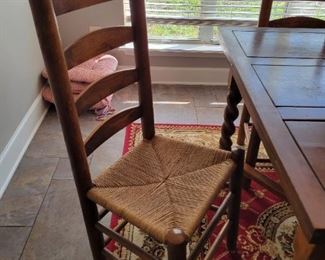Antique Expandable Table w/ Barley Twist Legs, Ladderback chairs with rush seats, Rug
