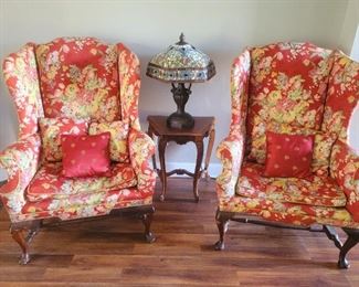Vintage Wingback Chairs Queen Anne Feet, Stained glass lamp, side table
