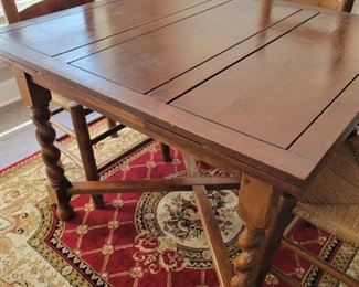 Antique Expandable Table w/ Barley Twist Legs, Ladderback chairs with rush seats, Rug