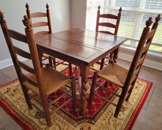 Antique Expandable Table w/ Barley Twist Legs, Ladderback chairs with rush seats, Rug