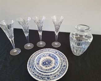 Waterford Goblets and Vase, Staffordshire Ridgway England blue white plates 