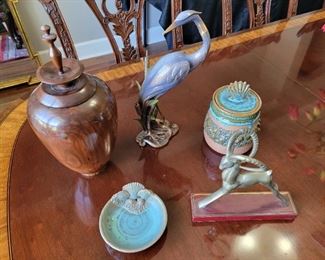 Signed Pottery, Brass, Signed Walnut Urn, Heron Sculpture