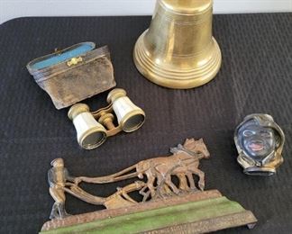 Large Heavy Brass Ship Bell, Mother of pearl opera glasses, Black Americana Cast Iron Bank, Burns Cast Iron Door Stop
