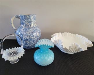 Vintage Fenton Hobnail Basket and Bowl, Antique Spongeware Pitcher, Diamond Optic MOP Opalescent Satin Ruffle Vase