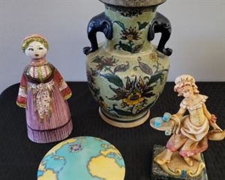Greece Porcelain Doll, Tiffany & co Trinket box, Formailties by Baum Bros vase, Italy Sculpture on marble