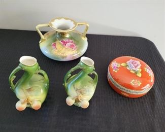 Occupied Japan Porcelain canister, Vienna Austria vases, Hand painted porcelain vase 