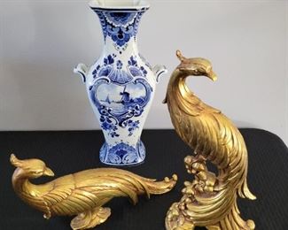 Delft Vase, Syroco NY Gilt Pheasant Peacocks