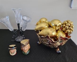 Royal Doulton England Small Toby Mugs, Carnival Glass Bowl with fruit, Antique Epergne 