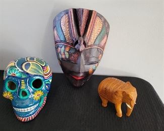 Day of Dead Mexican Skull, Bali Tribal Mask, Carved wooden elephant