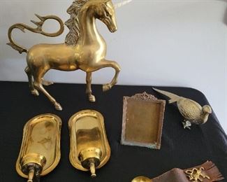 Large Brass Ivory Unicorn, antique strawbridge & clothier brass frame Philadelphia, Antique leather brass arm chair ashtray, Brass Sconces Scotland 