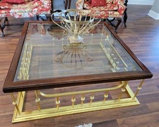 Fine Brass, Wood Trim Beveled Glass Cocktail Table