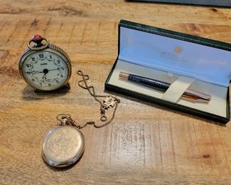Elgin pocket watch, Montevedre Fountain Pen, Vintage Wehrle travel clock 