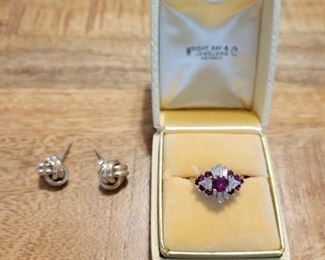 14k gold knot earrings, Ruby diamond ring size 4