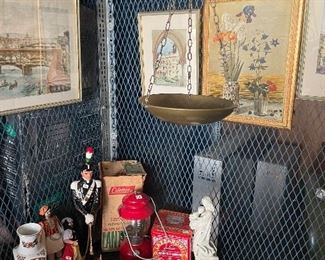 Coleman lantern, crystal bowls, tins, pottery
