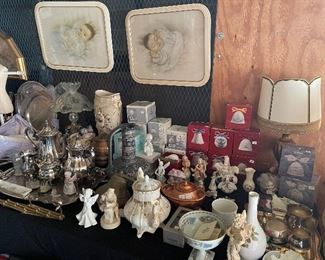 Silver tea service set, antiques, angels, Lladro Bells and Ornaments, brass, collectibles made in Japan