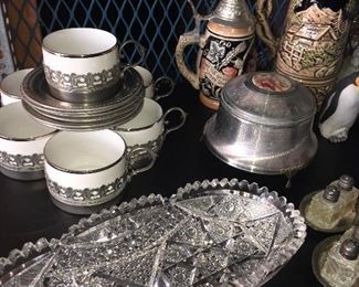 Crystal, pewter tea set, Vintage beer steins