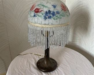 Vintage Bronze and Glass hand-painted Beaded Table Lamp