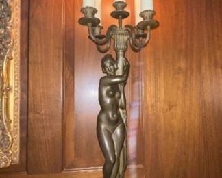 Vintage Pair of Bronze and Marble Lady Candelabras