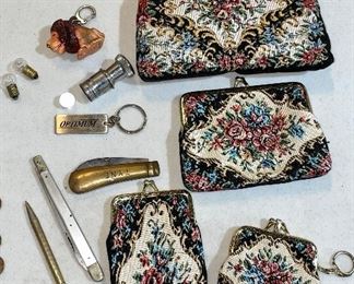 Collectible embroidered purses, keychains, pocket knives, vintage pens