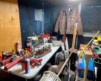 Carhart jacket, tools, fans, scale, space heater, fishing gear