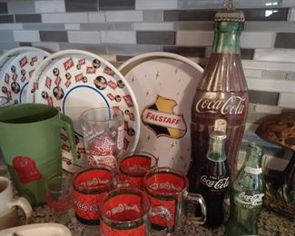 Original beer trays and coca-cola thermometer
