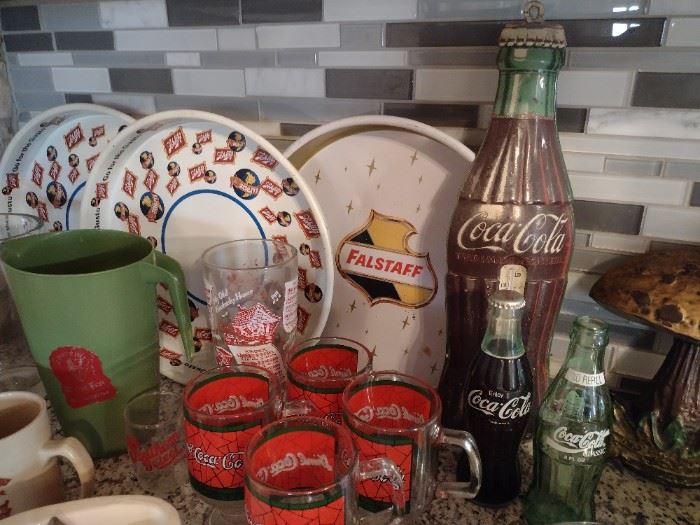 Original beer trays and coca-cola thermometer