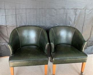 Mid -Century Modern  (1968) Green Leather Barrel Chairs on Casters