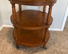 Round Wood 3 Tier Table with Tray on Castors, 33"h x 27"round