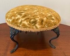 Antique Upholstered Cast Iron Footed Foot Stool 11" round x 6.5" tall