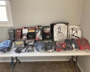 Lot of 26 Martial Arts Items: 6 KD Elite Uniforms (various sizes), 6 Everlast Gloves, 6 Macho Dyna Foot Guards, 1 Everlast Punch Mitts, 1 Everlast Body Guard Pad, 6 Everlast Mouth Guards