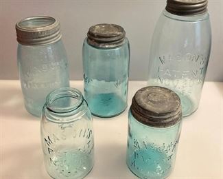 Lot of 5 - Blue Hue - Mason Jars - Assorted Sizes and Years