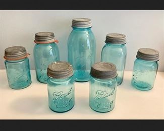 Lot of 7 Assorted - Blue Hue - Ball Perfect Canning Jars and Zinc Lids