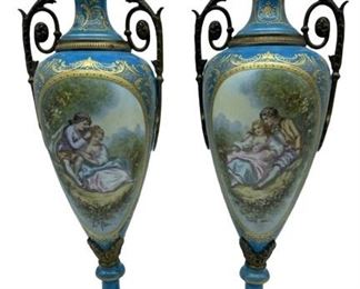 ANTIQUE PAIR OF SEVRES PORCELAIN URNS 19"
ANTIQUE PAIR OF SEVRES PORCELAIN URNS WITH GALLANT MARIE ANTOINETTE STYLE SCENES HANDPAINTED ON CELESTIAL / CELESTE BLUE WITH GOLD GILT & BRONZE ORMOLU DETAIL
-MARKED FRANCE TO BOTTOM
-19" X 6" X 4" APPROX EACH
-VERY GOOD CONDITION SEE PHOTOS
-PICK UP OFFSITE