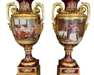 ANTIQUE PAIR OF VIENNA PORCELAIN VASES C.1880 34"
ANTIQUE PAIR OF IMPORTANT VIENNA PORCELAIN VASES URNS WITH GOLD GILT HANDLES DEPICTING HAND PAINTED SCENES FROM COLON ANTE LA CORTE DE SALAMANCA
PAINTINGS INCLUDE:"LOS PRIMOS AMORES" AND LA CORONACION DE JOSEPHINA "UN FELIZ MATRIMONIO"
-C.1880
-SIGNED WAGNER
-MARKED ON BOTTOM
-34" X 9" X 12" APPROX
-VERY GOOD CONDITION
-PICK UP WILL BE OFFSITE