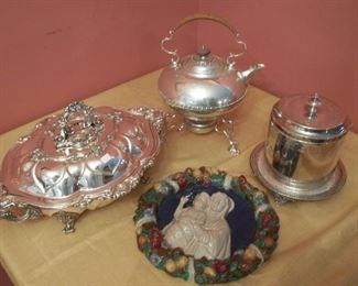 Elkington 1871 sterling kettle, biscuit box, Della Robbia