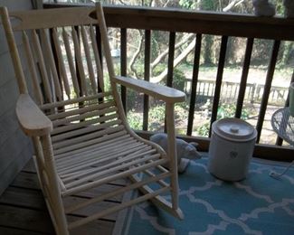 porch rocker, pig, crock