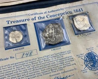 1641 Spanish Concepcion Shipwreck Reales Set.  A very neat authentic set of shipwreck recovery coins from the Spanish Concepcion wreck of 1641.  Includes COA.  Comes with 2, 4, and 8 Reales.