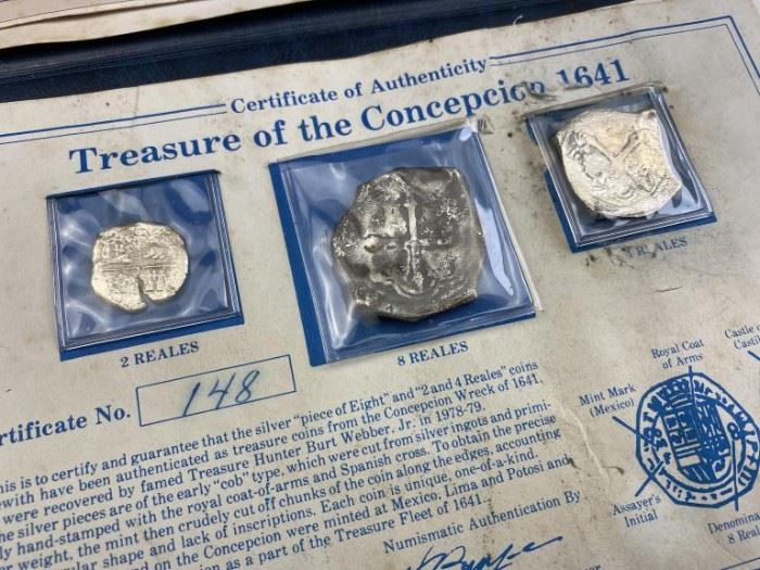  1641 Spanish Concepcion Shipwreck Reales Set.  A very neat authentic set of shipwreck recovery coins from the Spanish Concepcion wreck of 1641.  Includes COA.  Comes with 2, 4, and 8 Reales.