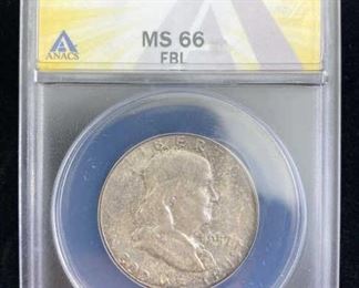  1957 Franklin Half, ANACS MS66FBL.  CPG price guide: $250, reserve is well below price guide!