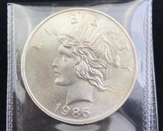  1986 Silver 1oz Peace Dollar Style Round .999