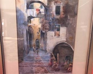 Antique 1905 watercolor, probably a British artist painting in Italy or Spain 